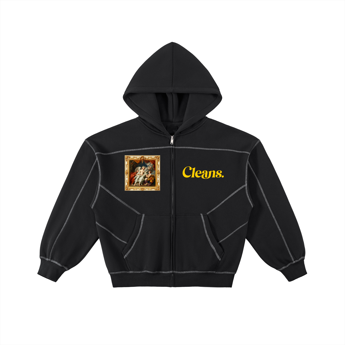 Contrast-Stitched Boxy Fleece Zip Hoodie