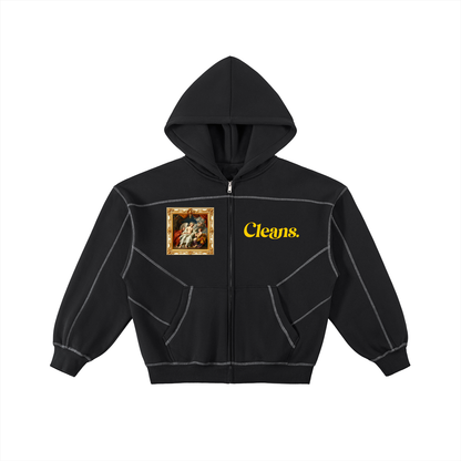 Contrast-Stitched Boxy Fleece Zip Hoodie