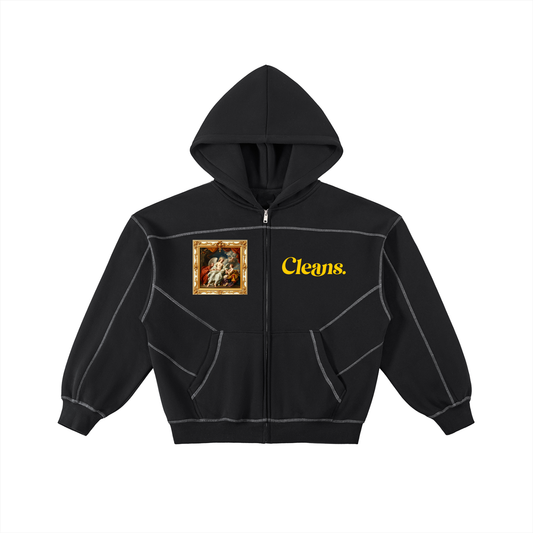 Contrast-Stitched Boxy Fleece Zip Hoodie
