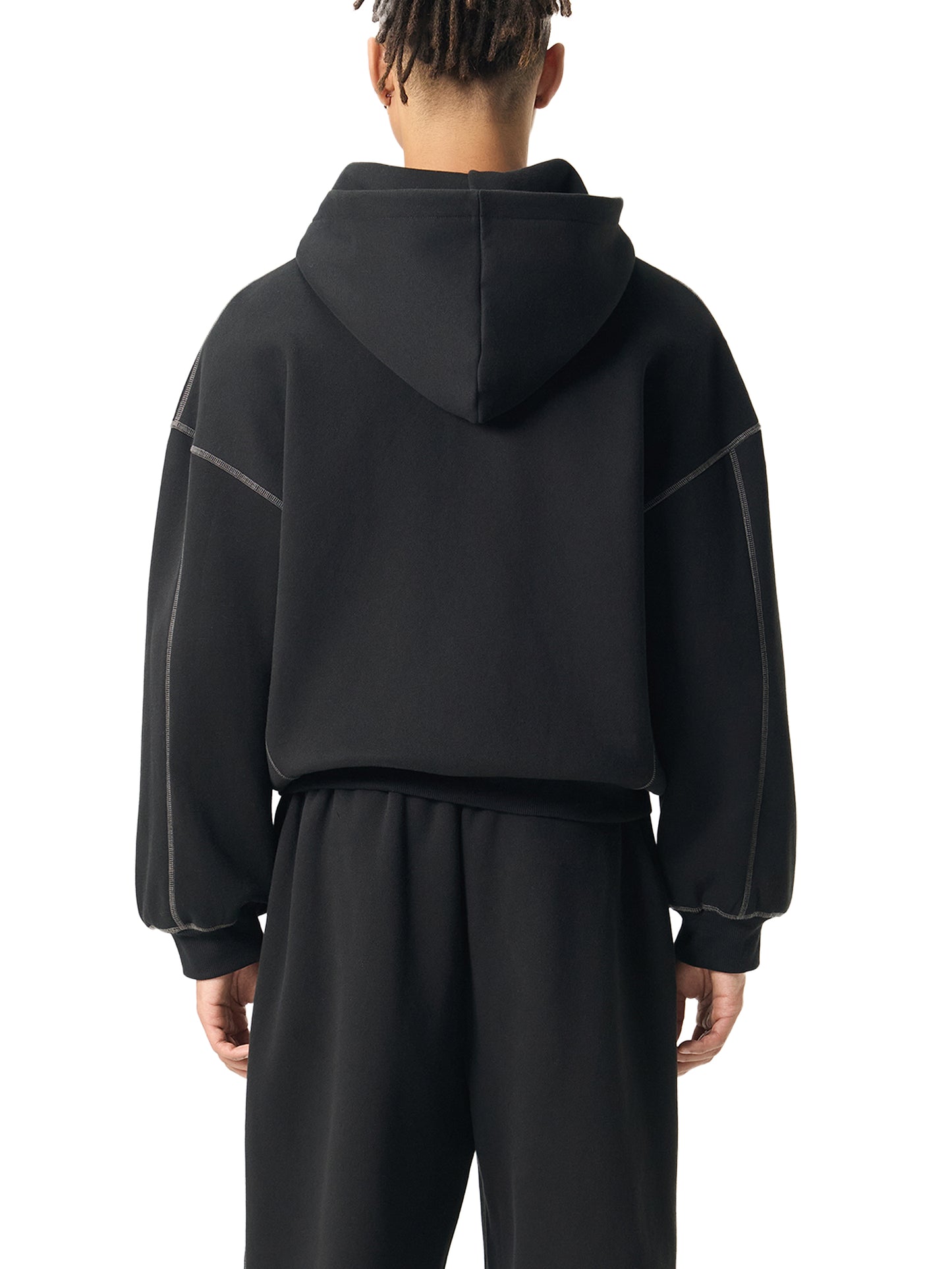 Contrast-Stitched Boxy Fleece Zip Hoodie
